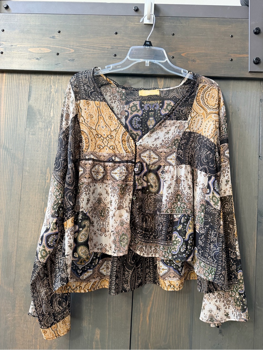 Boho Patchwork V-Neck Peasant Top - Yellow Black Cream